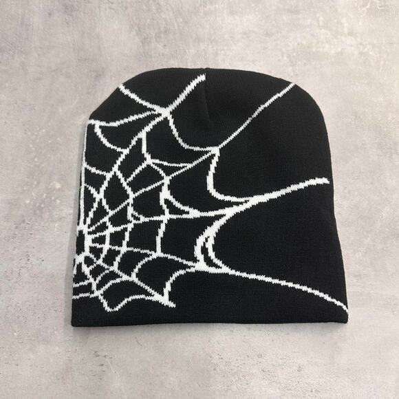 White and Black Spider Web Acrylic Graphic Beanie Hat - Picture 1 of 3
